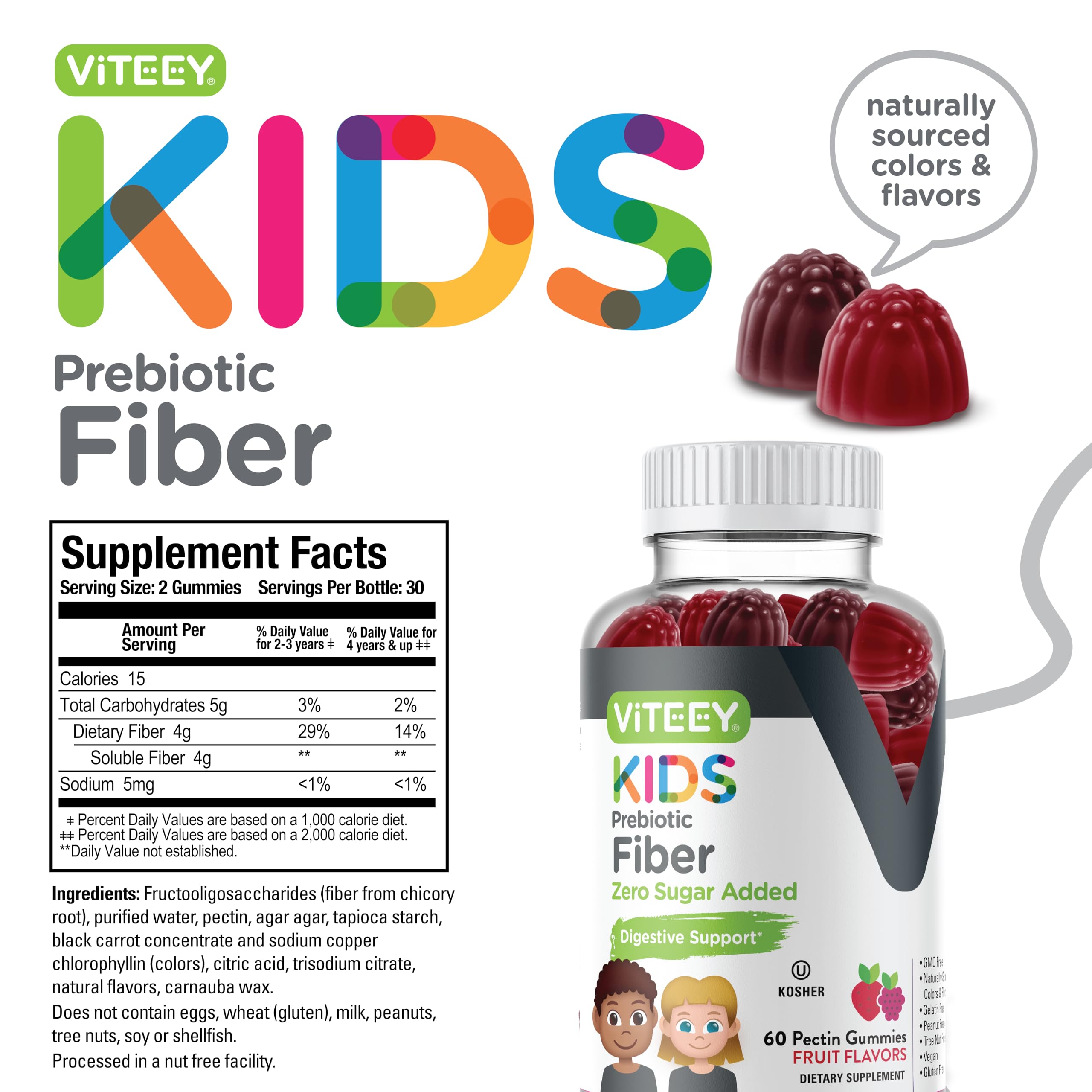 Prebiotic Kids Fiber Gummies for Constipation Relief, Digestive Health Regularity Support, Natural Weight Support - Fiber 4g, Zero Sugar Added, Vegan, Gluten Free - Tasty Chewable Fruit Flavored Gummy