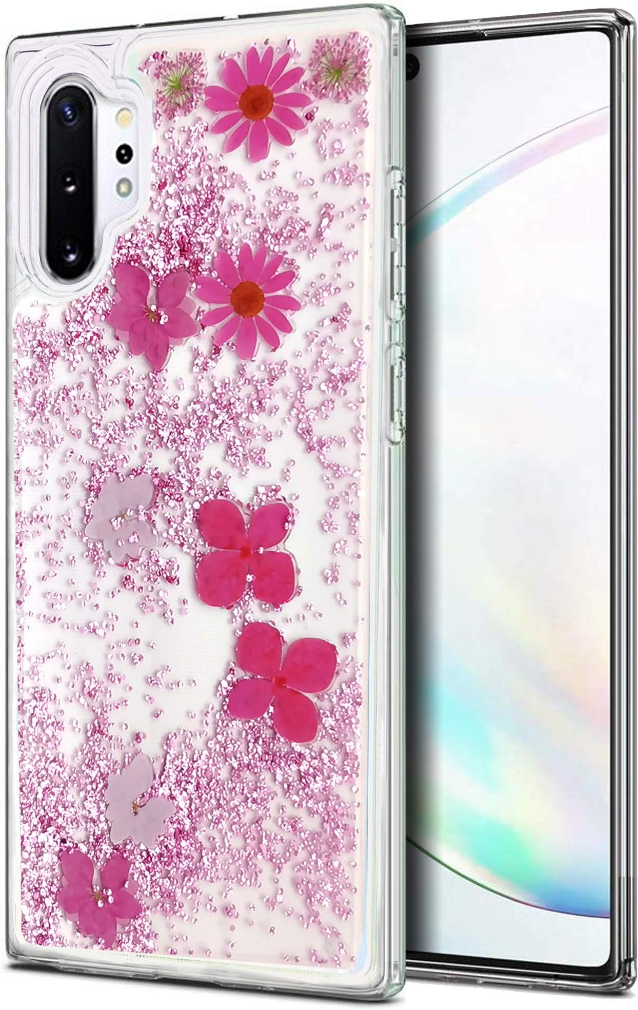 VenSen Waterfall Flower Case for Samsung Galaxy Note 10 + Plus 5G Clear Soft TPU Liquid Quicksand Bling Sequin Sparkle Glitter Bumper Girl Women Cover for Note10Plus Note10+ (Pink)