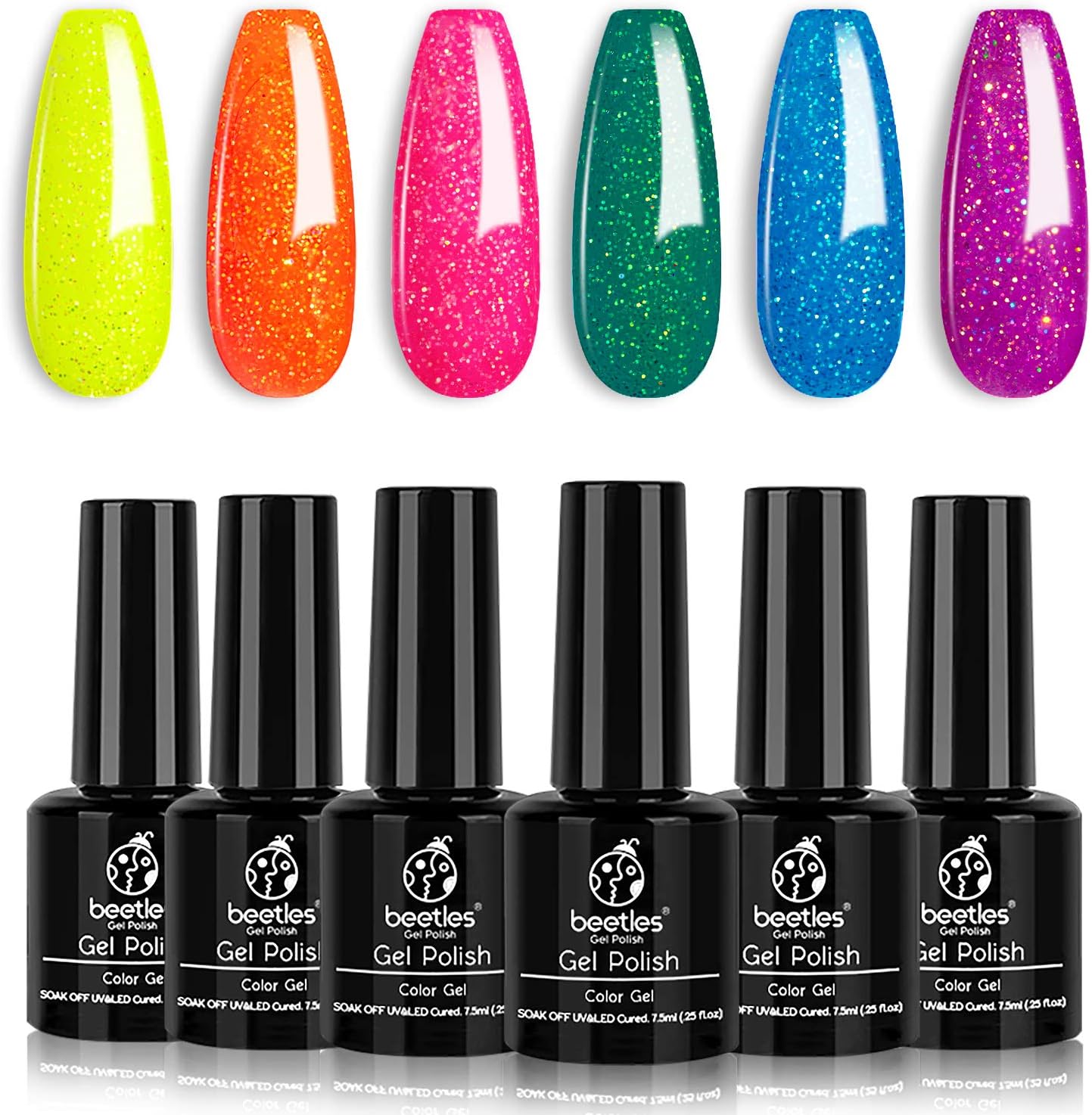Beetles Neon Gel Nail Polish Set, Neon Orange Hot Pink Blue Yellow Green Purple 6 Colors Soak Off U V LED Gel Nail Kit, 7.3ml Each Bottle : Beauty
