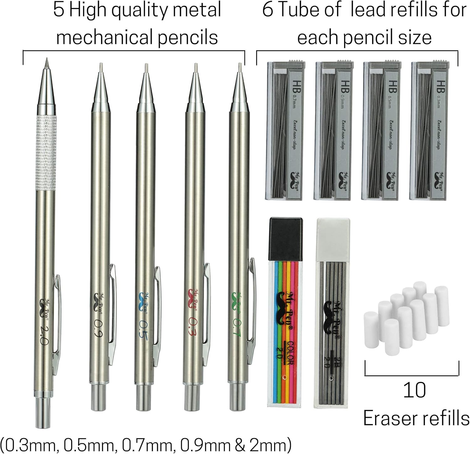 Mr. Pen- Metal Mechanical Pencil Set with Lead and Eraser Refills, 5 Sizes, 0.3, 0.5, 0.7, 0.9, 2mm, Drafting, Sketching, Architecture, Drawing Mechanical Pencils, Metal Mechanical Pencils : Office Products