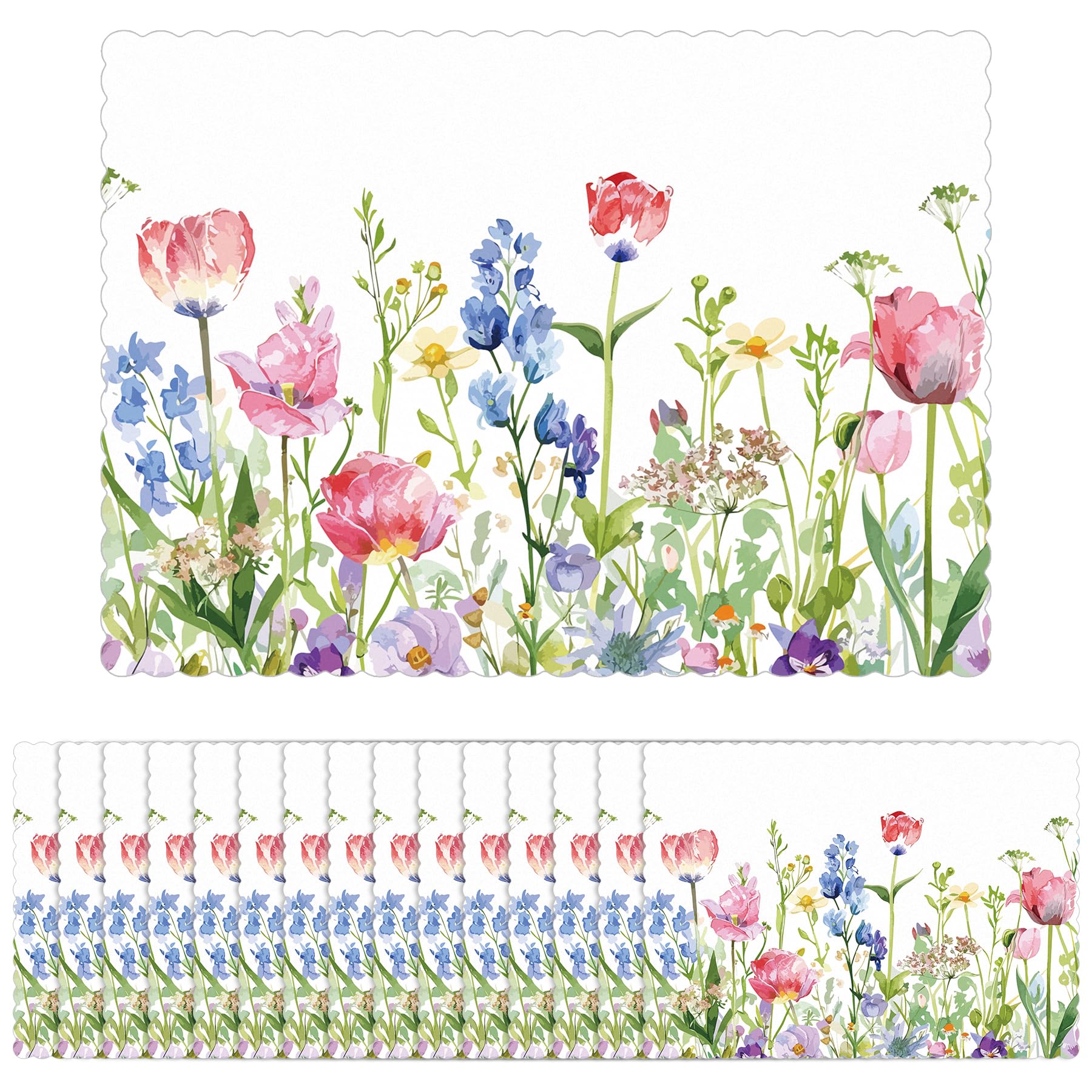 Photo 1 of 100 Pcs Tulip Paper Placemats Bulk 10 x 14 Spring Floral Scalloped Disposable Placemats Decorative Charger Table Mat for Summer Party Wedding Banquet Party Holiday Table Decor