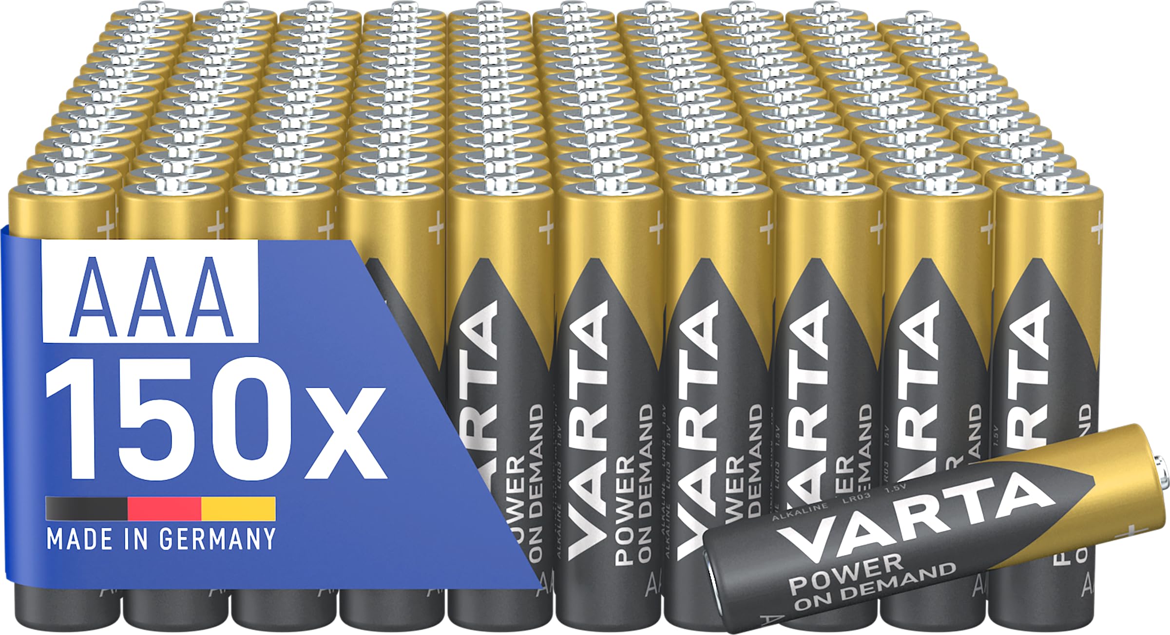 VARTA Piles AAA, lot de 150, Power on Demand, Alcalines, 1,5V, pack de stockage, pour accessoires informatiques, smart home, lampes de poche, Made in Germany