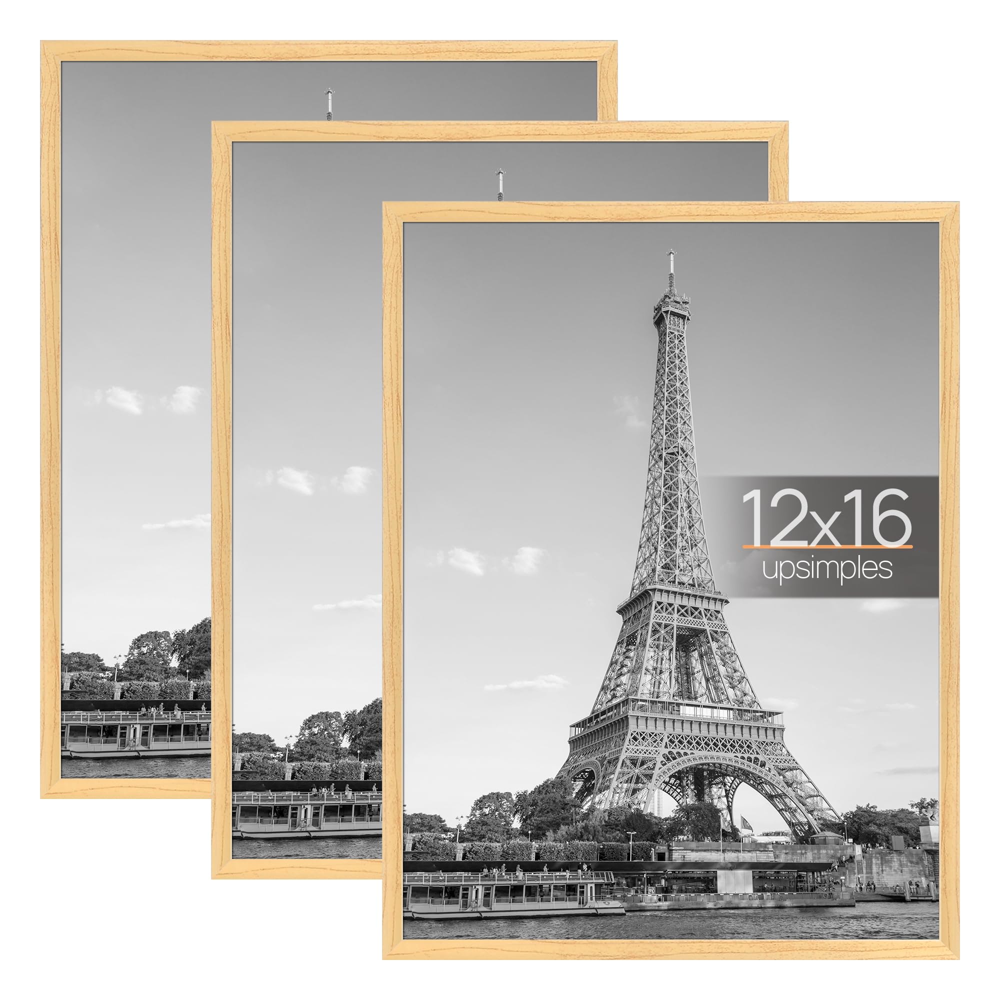 Photo 1 of upsimples 12x16 Picture Frame Natural 3 Pack, Scratch-Proof Poster Frames 12 x 16 for Photo Gallery - Slide-In Strips, Horizontal or Vertical Wall Mounting