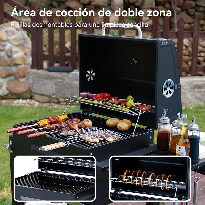 Barbacoa de Carbón, Parrilla con Tapa de Acero de 56×42,5 cm, Bandeja Ajustable en Altura, Mesa Lateral Plegable, Incluye Funda