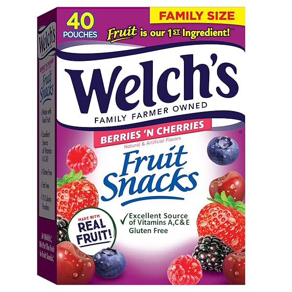 WELCH’S FRUIT SNACKS, BERRIES ‘N CHERRIES, INDIVIDUAL SINGLE SERVE BAGS, 0.8 OZ (PACK OF 40)