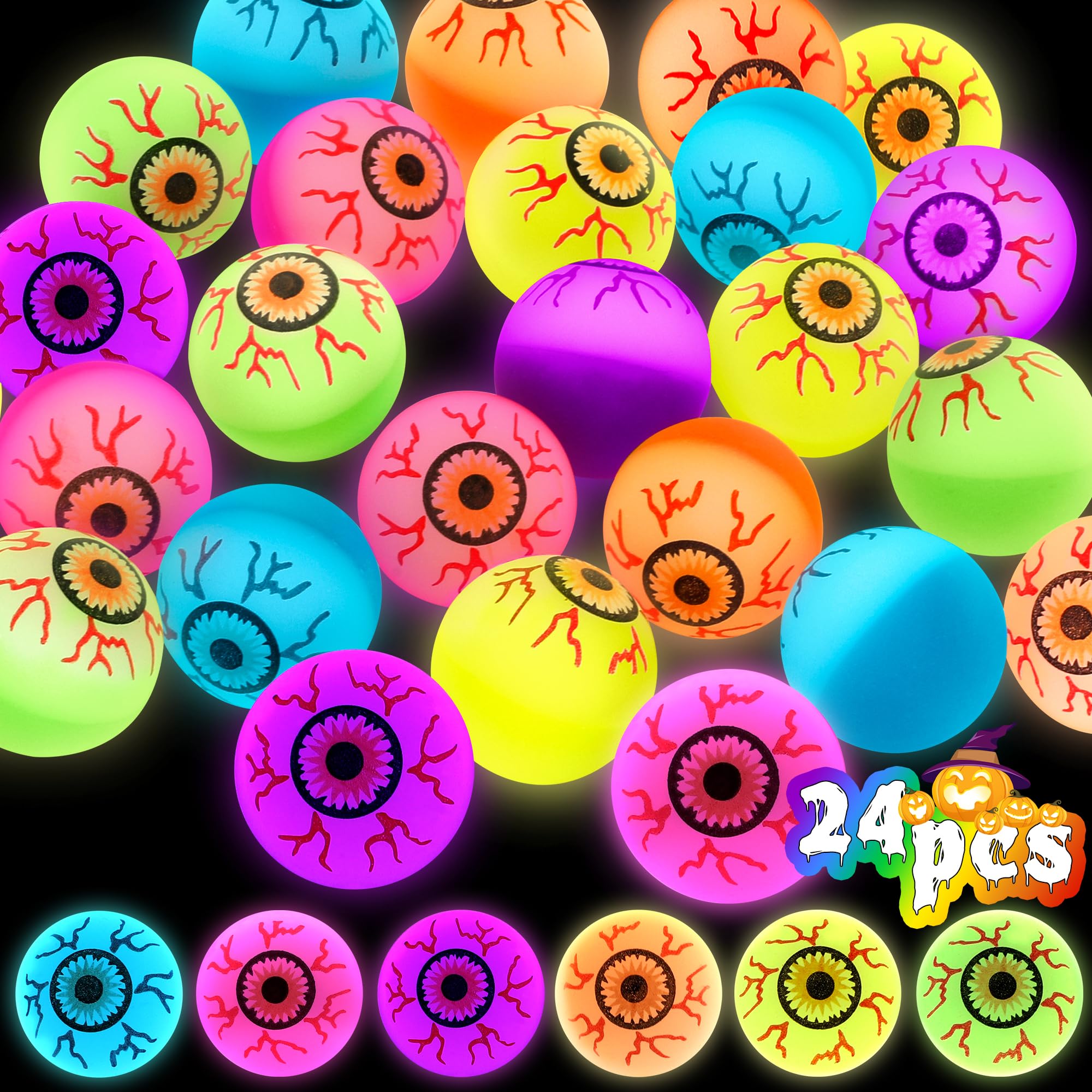 Photo 1 of 24PCS Halloween Party Favors for Kids, Halloween Glowing Bouncy Balls, Rubber Holiday Toys Bulk, 30mm Eyeball Halloween Bouncy Balls in 6 Colors Festival Goodie Bag Stuffers for Trick or Treat