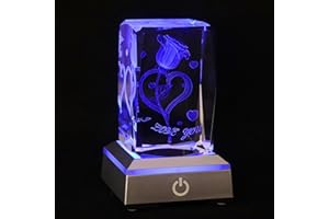 Makehousehold 3D Engraved Crystal Rose I Love You Gifts,Birthday Gifts Night Light for Girlfriend Wife Mom,Cute Anniversary Birthday Gifts Crystal Rose Flower with led lamp Base
