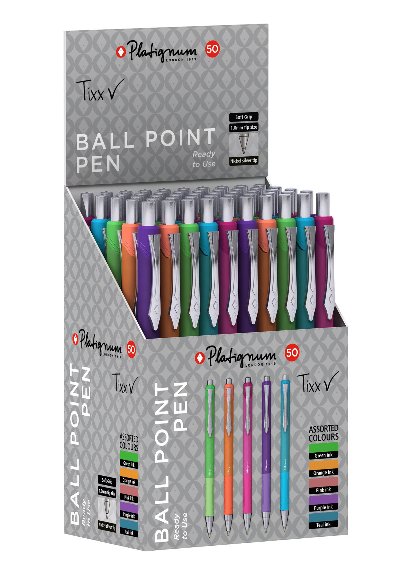 Platignum Tixx Multicoloured Ballpoint Pen [Pack of 50] Soft Grip Barrel with Hybrid Gel Ink for Smudge-Free and Ultra-Smooth Writing [50465],Orange,Green,Lime,Turquoise,Pink,Purple