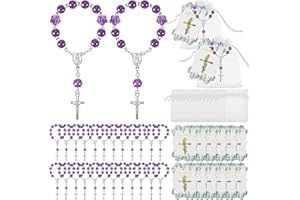 Jeyiour 96 Pcs Christian Catholic Favor Set Include 32 Finger Christian Rosaries Beads with Crucifix, 32 Organza Bags and 32 God Bless Tags Christening Wedding Party Favors(Purple)