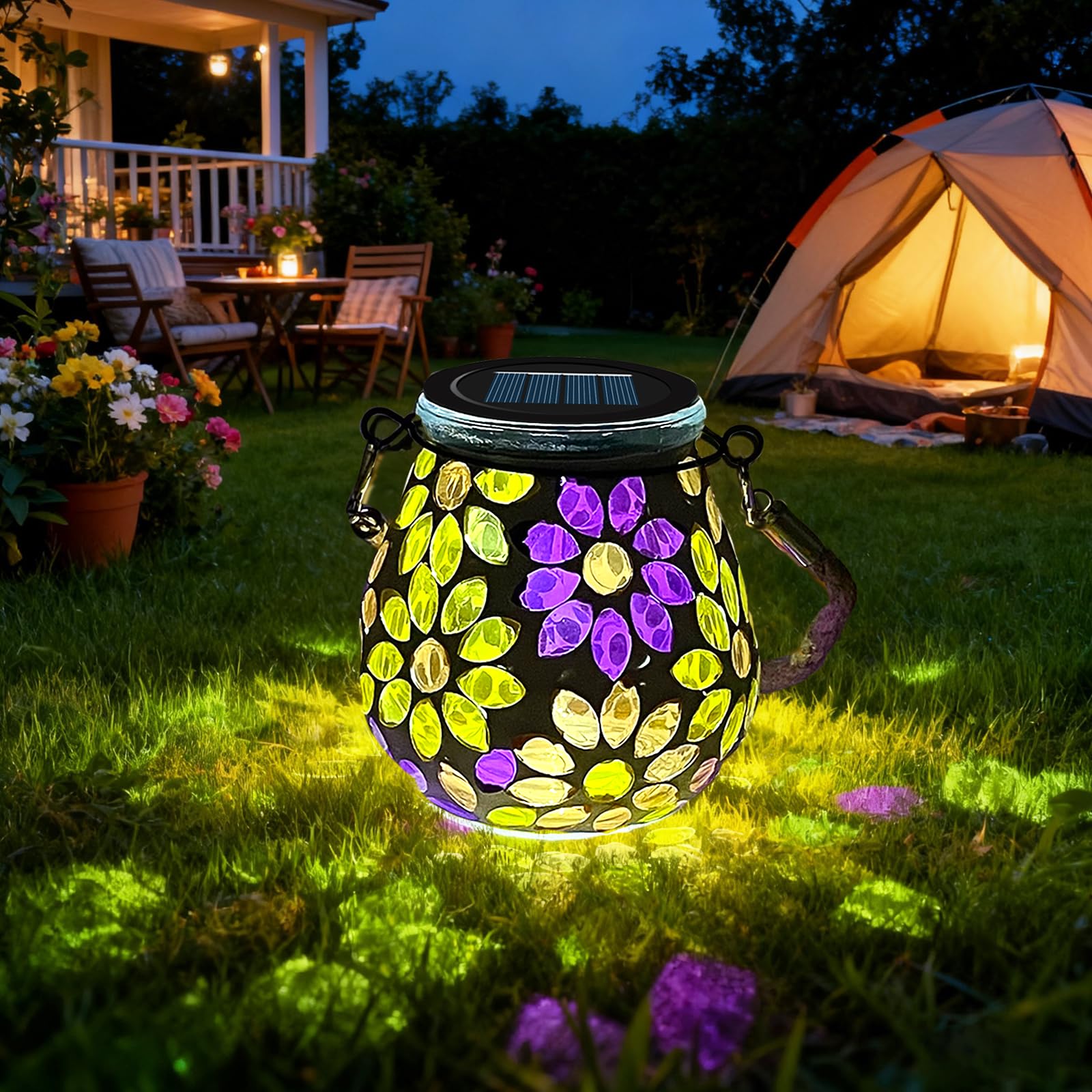 TOTHDATE 1PCS Oval Solar Mosaic Lights Outdoor Garden, On/Off Glass Hanging Solar Mosaic Lanterns Lights IP65 Waterproof for Table Lawn Path Courtyard Deck Fence, Flowers Mosaic Light