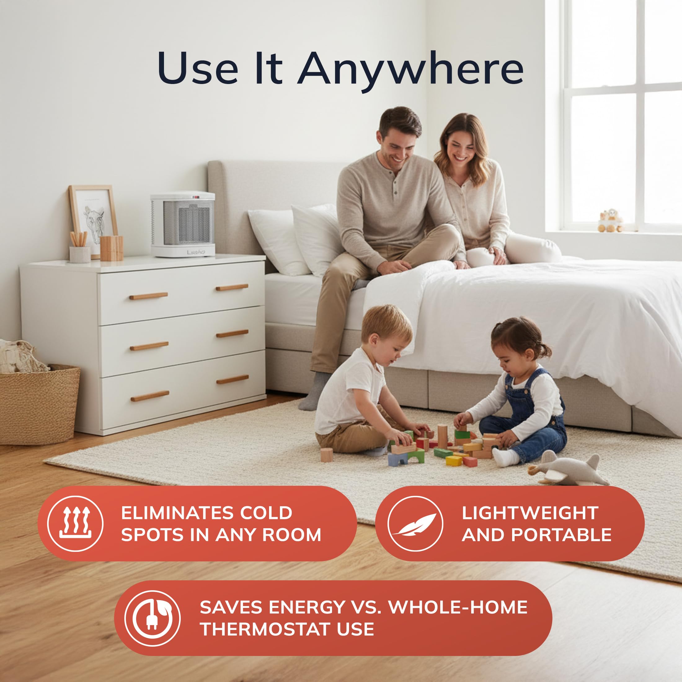 Lasko Portable Electric Ceramic Space Heater with ALCI Plug for Bathroom Use, 2 Heat Settings and Simple Heat Button, 8 Inches, White, 1500W, CD08200