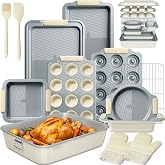 Kikcoin 25-Piece Nonstick Baking Pans Set with Large Turkey Roasting Pan, Stackable Bakeware Set, 450&deg;F Oven Safe Baking Sheet Set with Silicone Handles, Carbon Steel Cookie Sheets for Baking, Cream