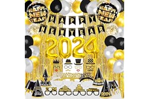 AMANDIR 2024 Happy New Year Party Decorations, 104PCS New Years Eve Party Supplies Kit Banner Foil Balloons Hats Glasses Photo Booth Props Fringe Curtain Squawkers Accessories for Photography Backdrop Decor