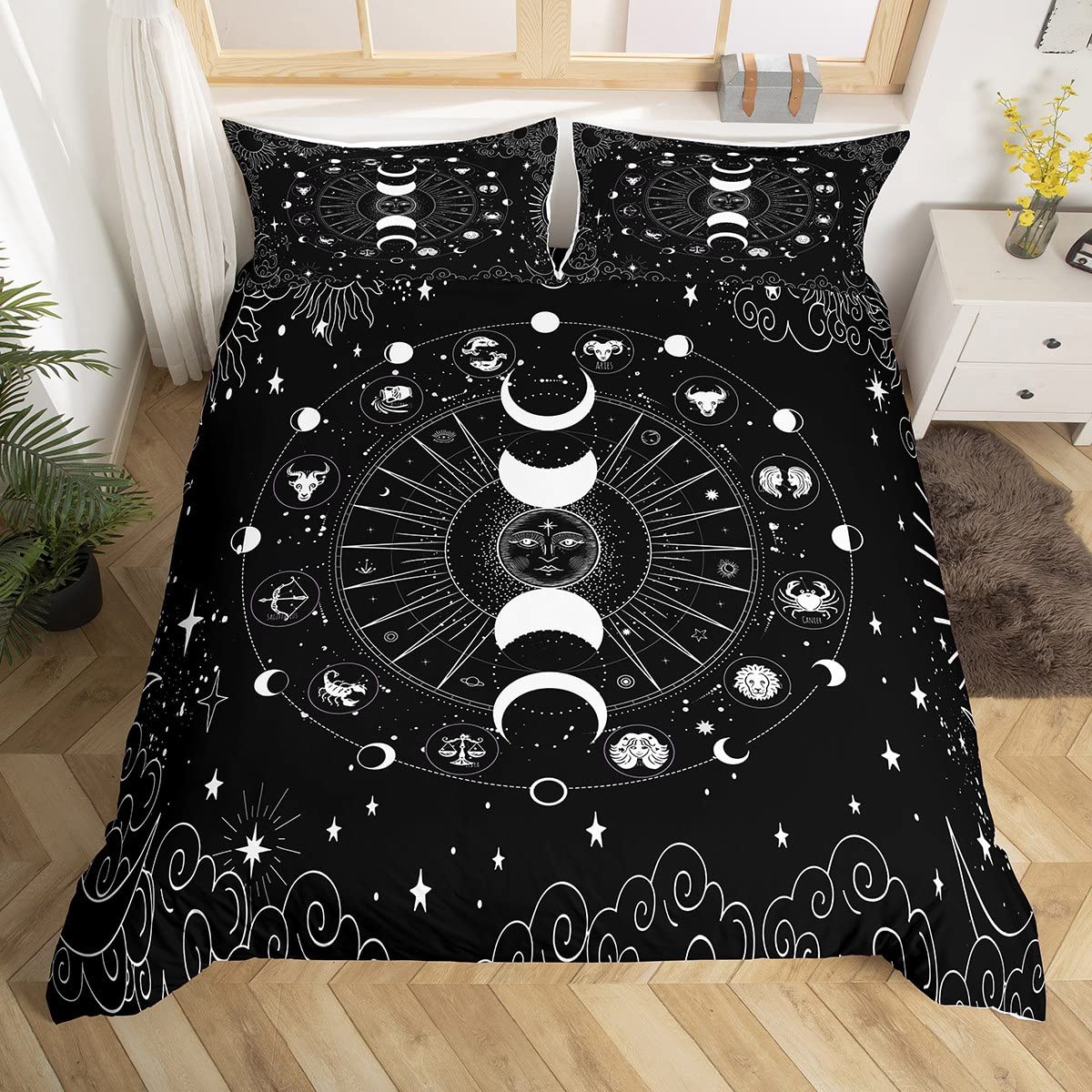 Loussiesd Boho Mandala Bedding Set Sun and Moon Comforter Cover for Kids Adult Galaxy Constellation Duvet Cover Cosmic Astronomy Zodiac Bedspread Cover Black and White King Size — image 1