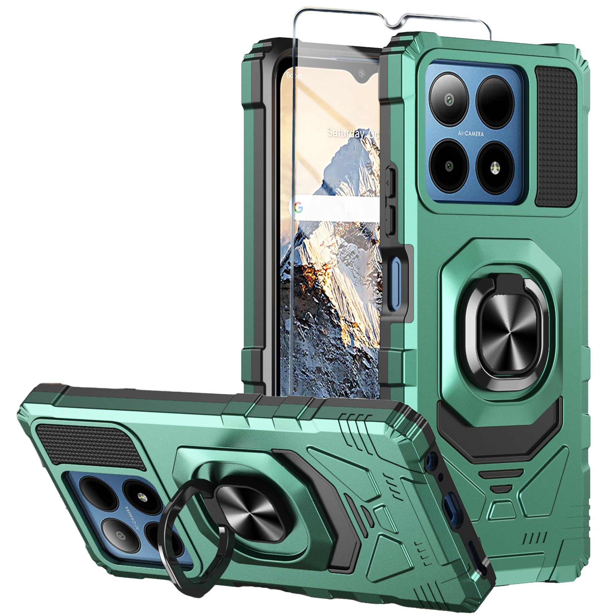 Mocotto for Boost Summit 5G Phone Case with Tempered Glass Screen Protector,Military Grade Heavy Duty Shockproof Protective Cover,with Ring Kickstand (Boost Summit 5G,Dark Green)