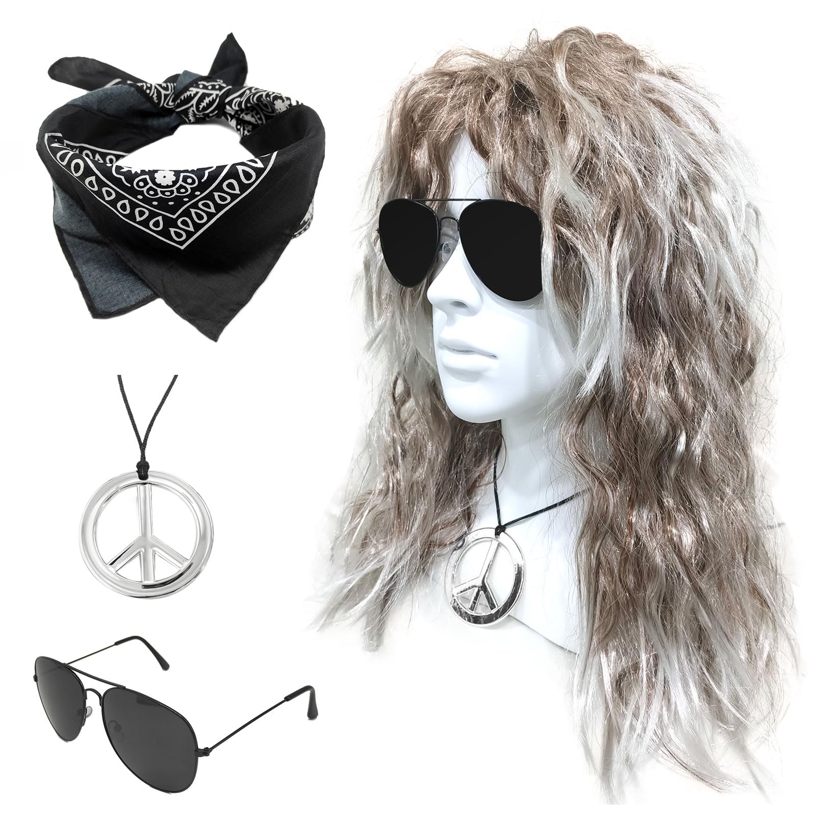 SKHAOVS 4 Pieces Rocker Wig Set 60/70/80s Disco Wig Costume Accessories Hippie Wig Hippie Costume Curly Wig Sunglasses Bandana Necklace Disco Costume for Theme Party Halloween Stage (White Brown)