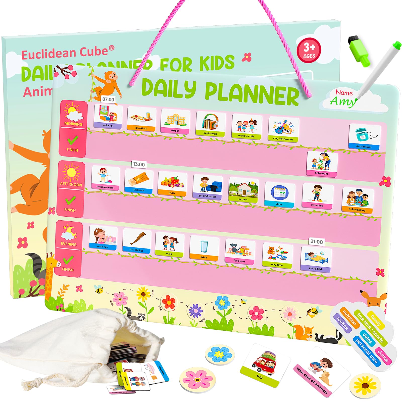 Visual Timetable Daily Planner for Kids - Magnetic Schedule Board with 195 Magnets, 1 Storage Bag, 1 Cord & 1 Pen, Reward Charts for Children Behaviour - Now and Next Board Autism (Animal Theme) — image 1