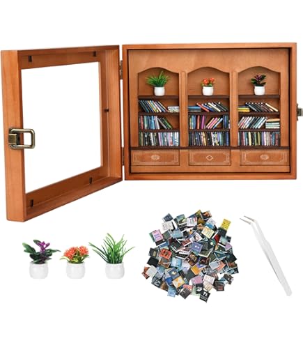 Librería Miniatura De Madera ‘Sacude Tu Ansiedad’ – Estante Decorativo Con 200 Libros Plegados Para Aliviar El Estrés Y Decorar