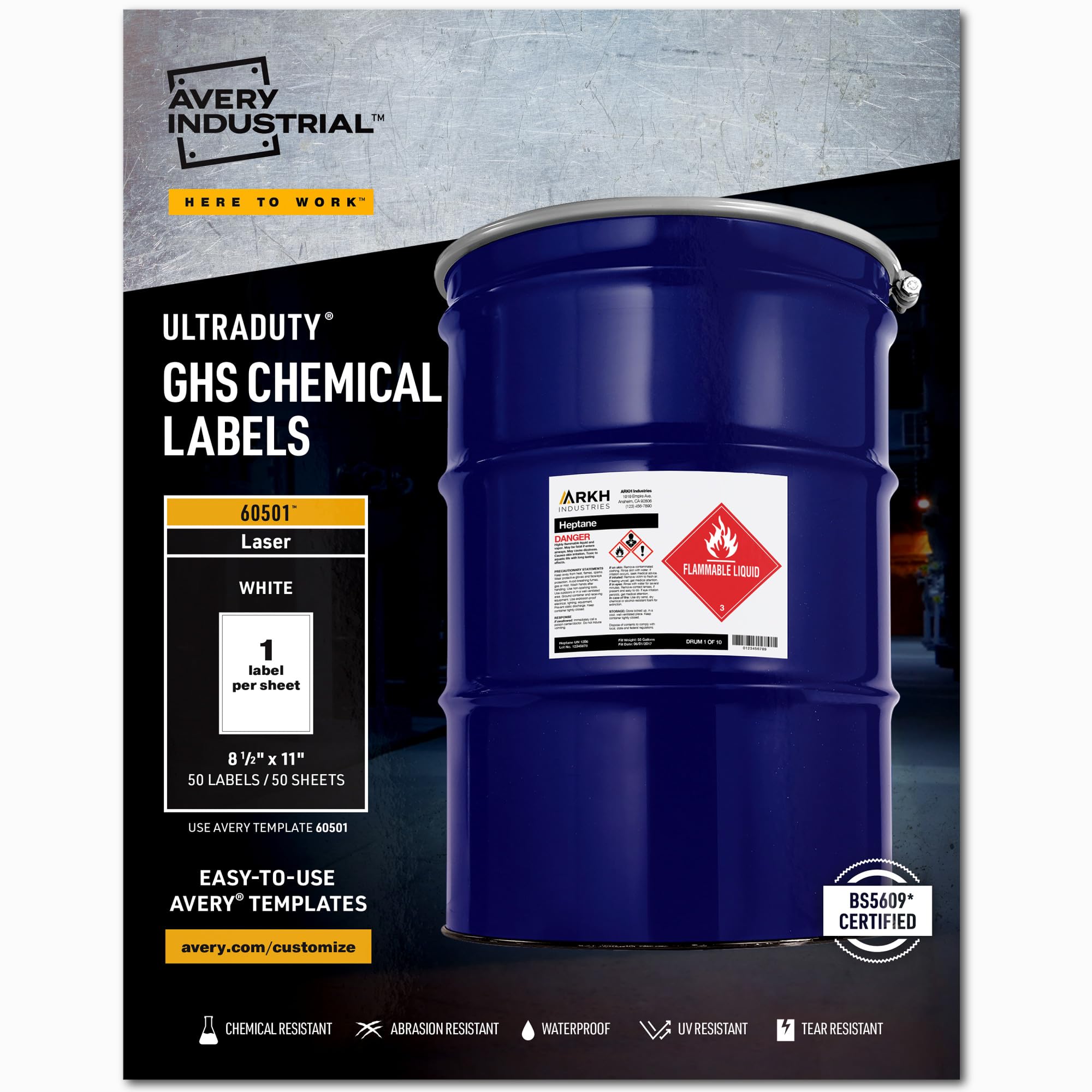 Avery UltraDuty GHS Chemical Labels for Laser Printers, Waterproof, UV Resistant, 8.5 x 11, 5 Packs (60501)