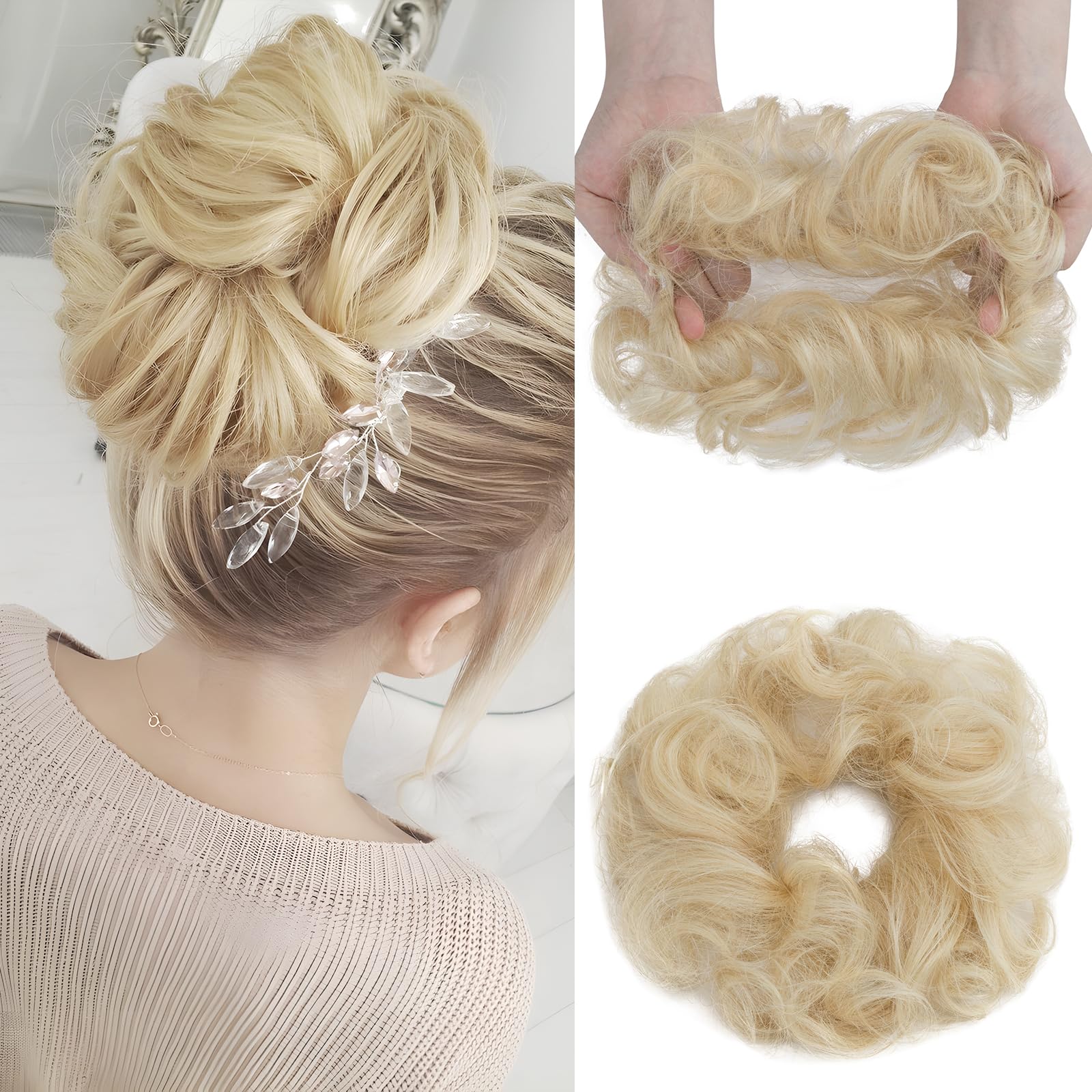 Elailite Updo Hair Scrunchies Buns Extensions HairPieces Donut Chignons For Women - 100% Real Remy Human Hair Curly Wavy Messy VOLUMINOUS Curly Wavy - #60 Platinum Blonde — image 1