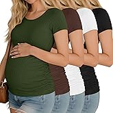 Riyiper 4 Pack Women's Maternity T-Shirts, Cotton Side Ruched Ribbed Maternity Top Scoop Neck Short Sleeve Pregnant Clothes