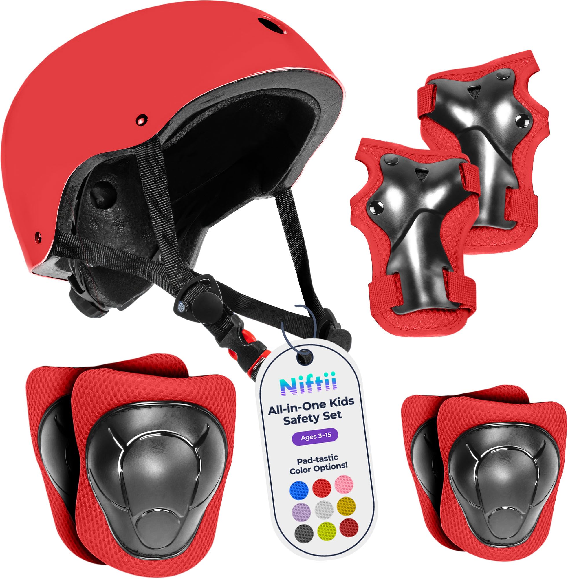 Niftii Kids Helmet with Pads - Adjustable Multi-Sport Complete Safety Gear for Cycling, Skateboarding & Scooting - Ideal for Boys & Girls Ages 3-15 - Kids Bike Helmet Set, Red