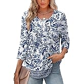 XIEERDUO 3/4 Length Sleeve Tops for Women 2026 Crewneck Casual Pleated Tunic Tops Shirts Blouses
