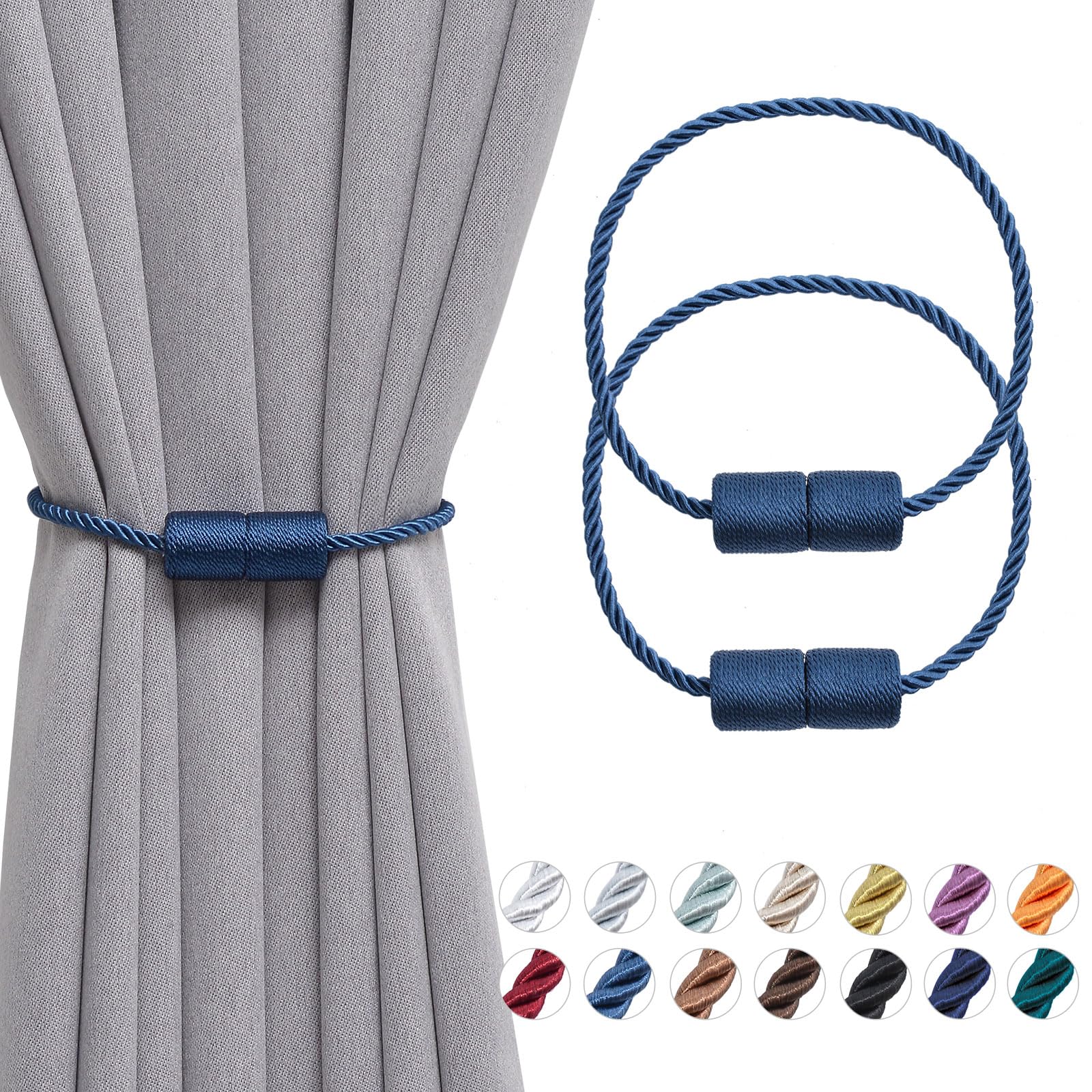 Pretty Jolly 2 Pack Magnetic Curtain Tiebacks 16 Inch Handmade Weave Side Rope Curtain Holdbacks Convenient Decorative Cylinder Curtain Drape Tie Backs for Home & Office Window Drapery (Navy)
