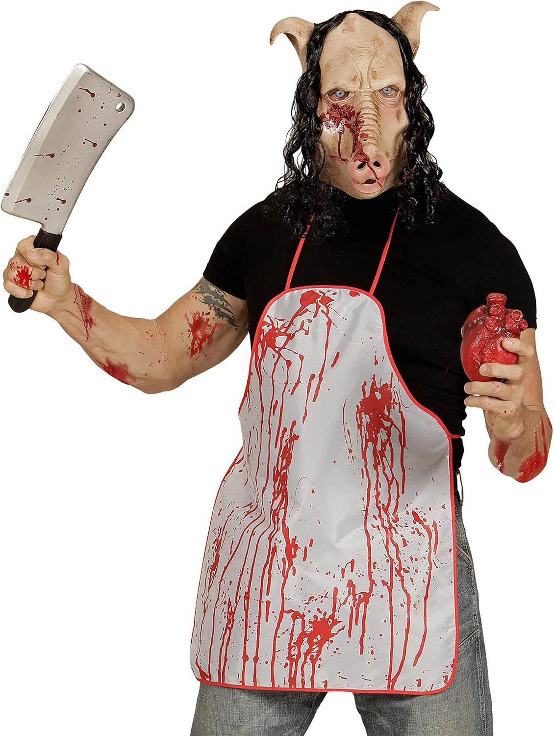 Butcher Shop Pig Mask with Hair Full Head Halloween Fancy Dress Accessory, Multi-coloured - Image 5