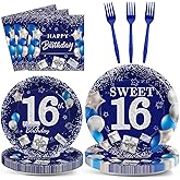 gisgfim 96Pcs 16th Birthday Plates and Napkins Party Supplies Sweet 16 Birthday Party Tableware Set Blue Silver 16th Birthday Decorations Favors for 16 Years Old Boys Girls for 24 Guests