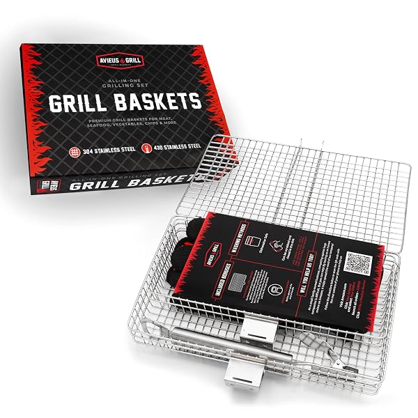 AVIEUS GRILL GRILL BASKETS FOR OUTDOOR GRILL | 2 GRILLING BASKETS WITH DETACHABLE HANDLE | BARBECUE GRILL SET WITH BBQ GLOVES | PORTABLE CAMPING NET RACK PERFECT FOR VEGETABLES, SEAFOOD & MEAT