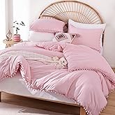 YIRDDEO Dust Pink Full Size Ball Pom Fringe Design Comforter Set 3pcs, Boho Aesthetic Luxurious Microfiber Comforter Set