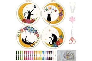 ORIGACH 4 Pack Cat Moon Embroidery Kits for Beginners, DIY Starter Hand Embroidery Kit with Cat Moon Floral Patterns and Inst