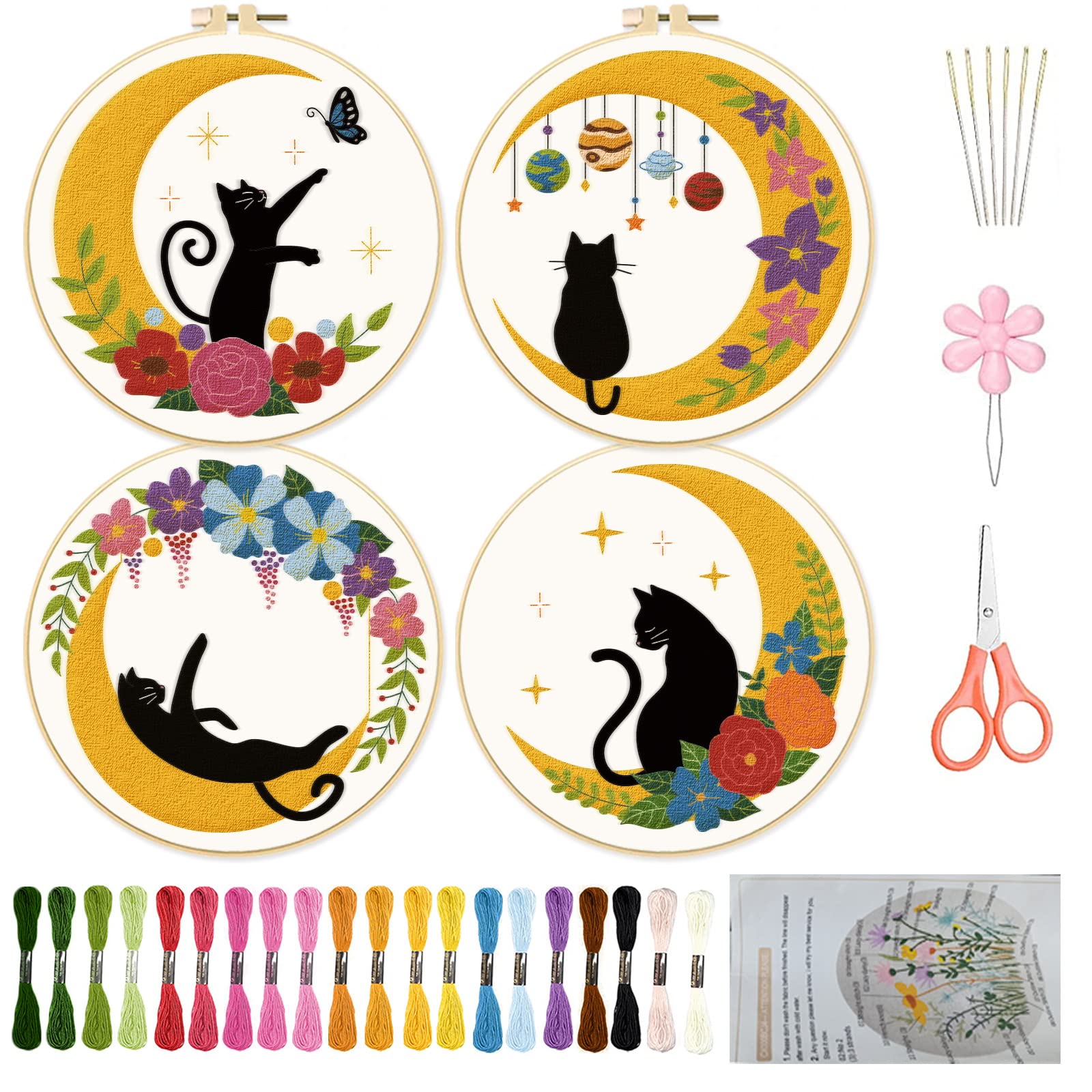 ORIGACH 4 Pcs Black Cat Moon Embroidery Starter Kits for Beginners Cat Moon Flowers Embroidery Cross Stitch Practice Kit Include Embroidery Cloth, Hoops, Threads, Needles and Instruction