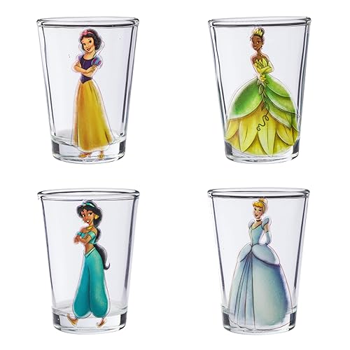 Silver Buffalo Disney Princess Featuring Snow White, Cinderella, Jasmine, and Tiana 4 Pack Mini Glasses, 1.5 Ounces