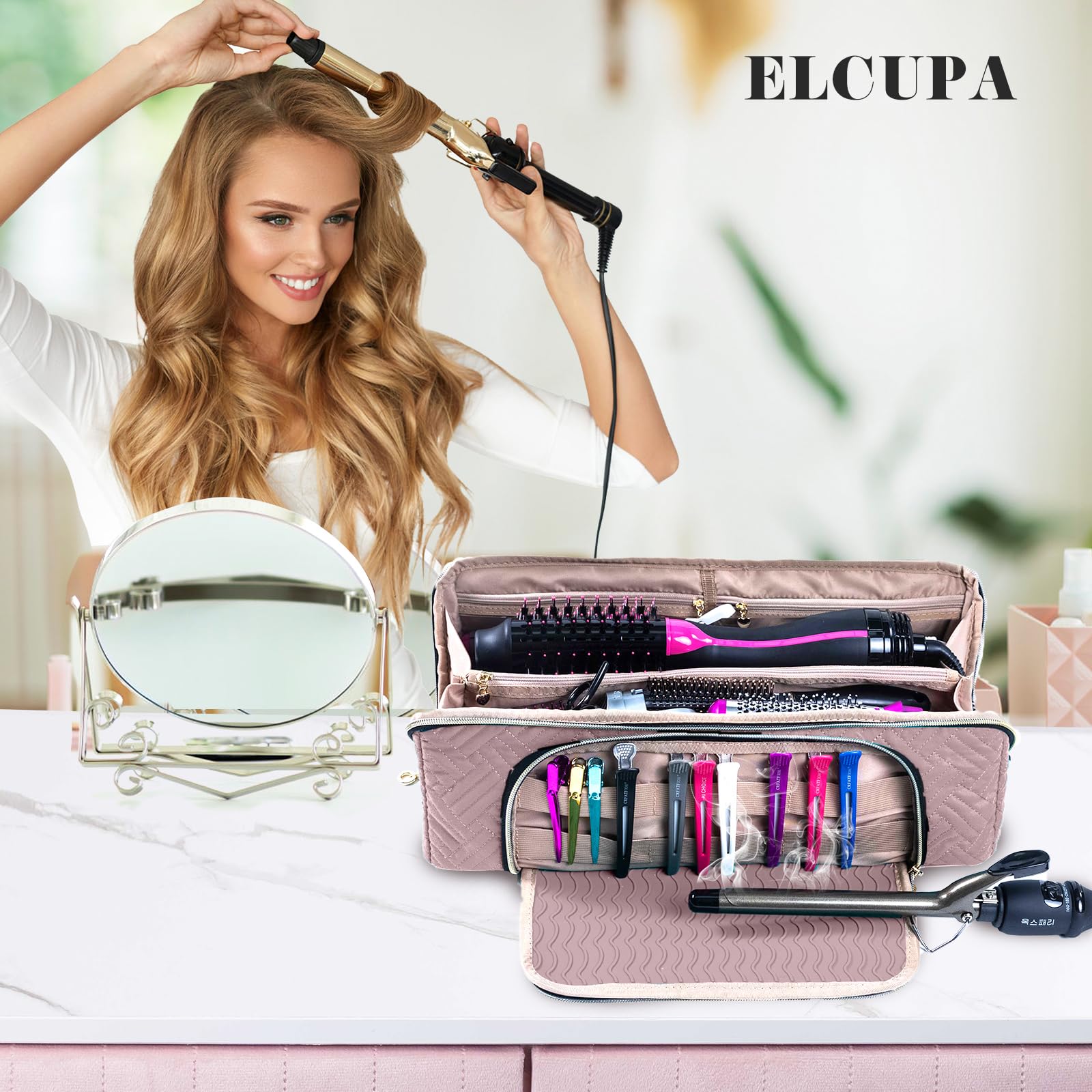 Large Hair Tools Travel Bag with Iron Mat - 2in1 Hair Tools Organizer for Hair Dryer Brush, Flat Irons, Straighteners, Curling Irons, Hair Bag, Makeup Bag, Cosmetic Bag for Travel Essentials