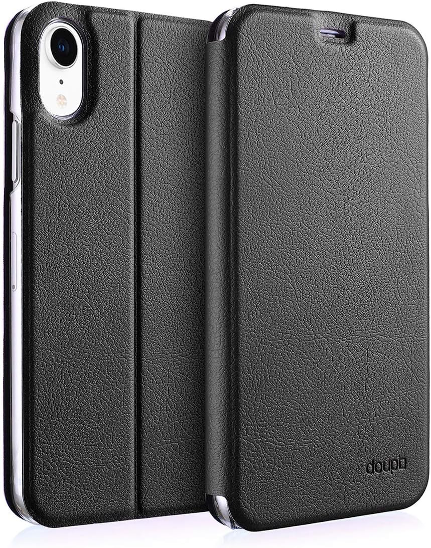 doupi FlipCase for iPhone XR (6.1 inch) - Deluxe Leatherette Magnet Book Style Screen Protector Stand Protective Flip Cover, black
