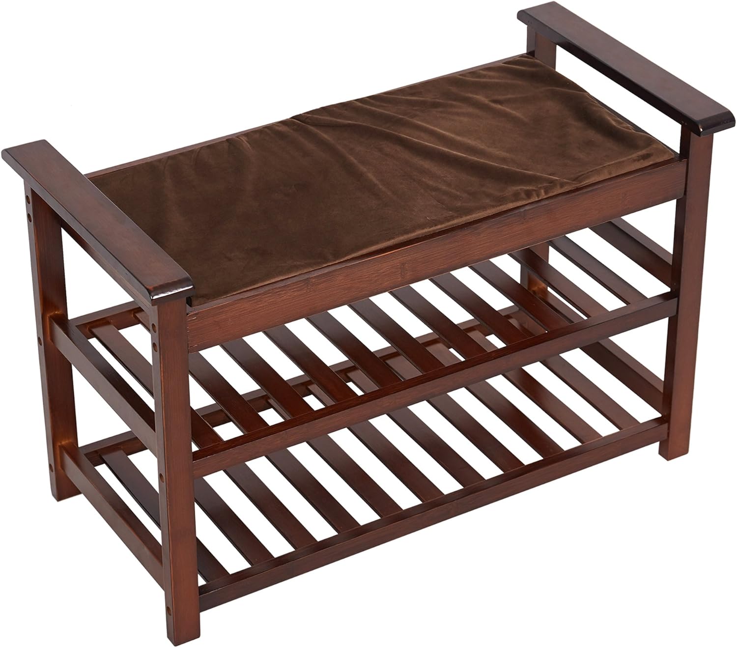 Amazon Com 2 Tier Wood Shoe Rack Bench With Cushion Seat Storage Bench Sturdy Bamboo Storage Shelf Entryway Shoe Organizer For Hallway Bathroom Living Room Home Kitchen
