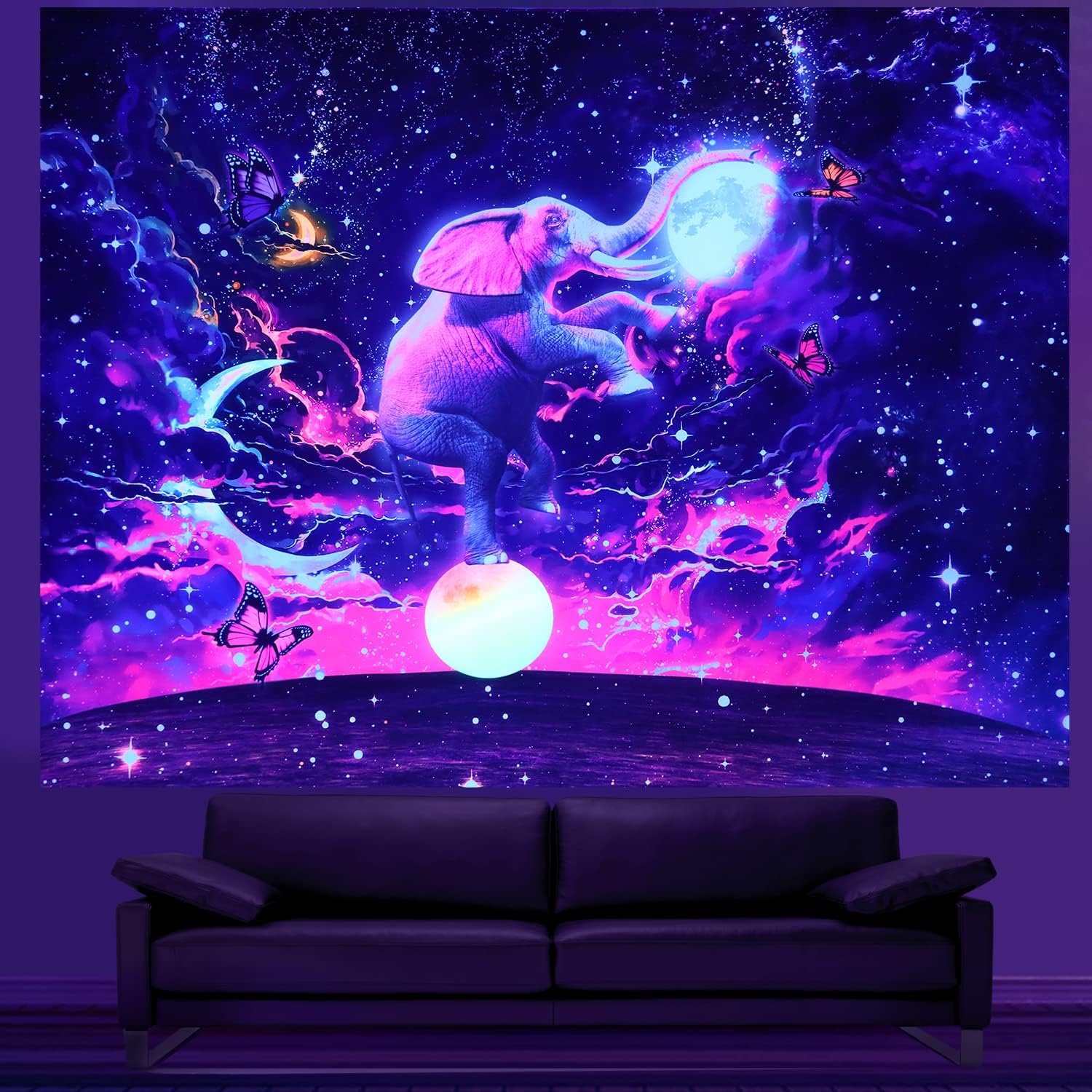 Tapestries - HoneyDec Blacklight Fantasy Tapestry,Galaxy Blue Starry Sky Tapestry,Universe Space Tapestry Wall Hangings,Elephant Wall Decor Yoga Mat Beach Towel Blanket for Bedroom Living Room