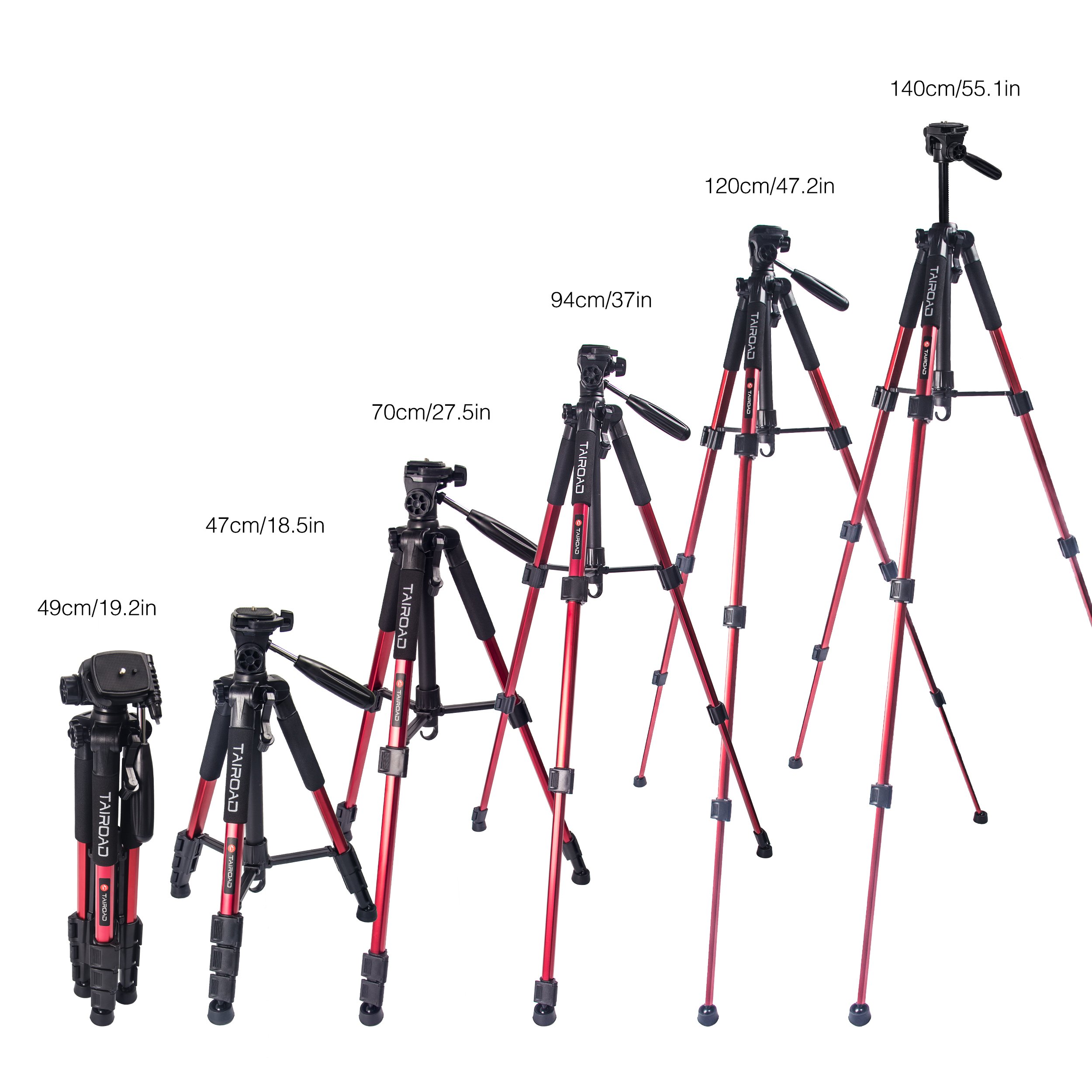 Treppiede per macchina fotografica - Treppiede Tairoad 140cm leggero con clip per cellulare e piastra a sgancio rapido per fotografia, Live Show - Rosso