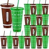 Umigy 24 Pcs Football Plastic Tumbler with Lid and Straw 24oz Ball Design Reusable Plastic Cups Bulk Sports Gifts for Fan Kid, Football Birthday School Sport Party Dinnerware Events Decoration