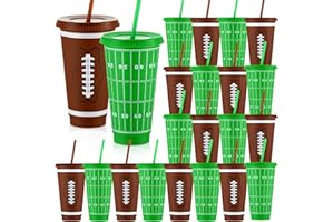 Umigy 24 Pcs football Plastic Tumbler with Lid and Straw 24oz Ball Design Reusable Plastic Cups Bulk Sports Gifts for Fan Kid, football Birthday School Sport Party Dinnerware Decoration Events