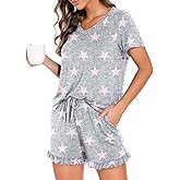 PrinStory Womens Pajamas Set Lounge Sets Short Sleeve Sleepwear Soft Pjs Shorts Set with Pockets