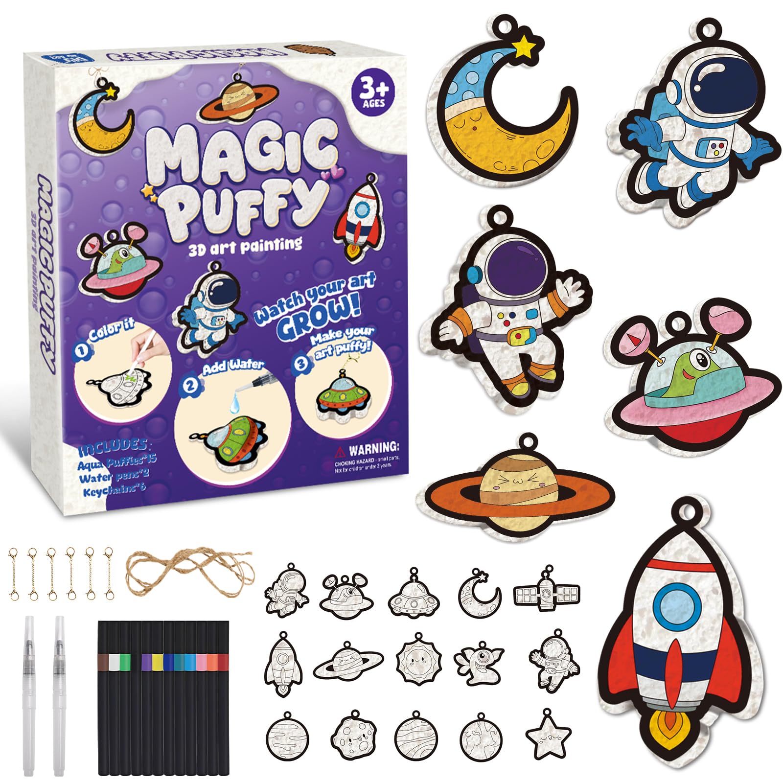 ZHFEIIRU 3D Art Kit, Aqua Puffs Princesses, Mess-Free Painting Craft for Girls & Boys, DIY Color Inflate Activity, Travel Toys & Creative Gifts for Girls & Boys (Space)