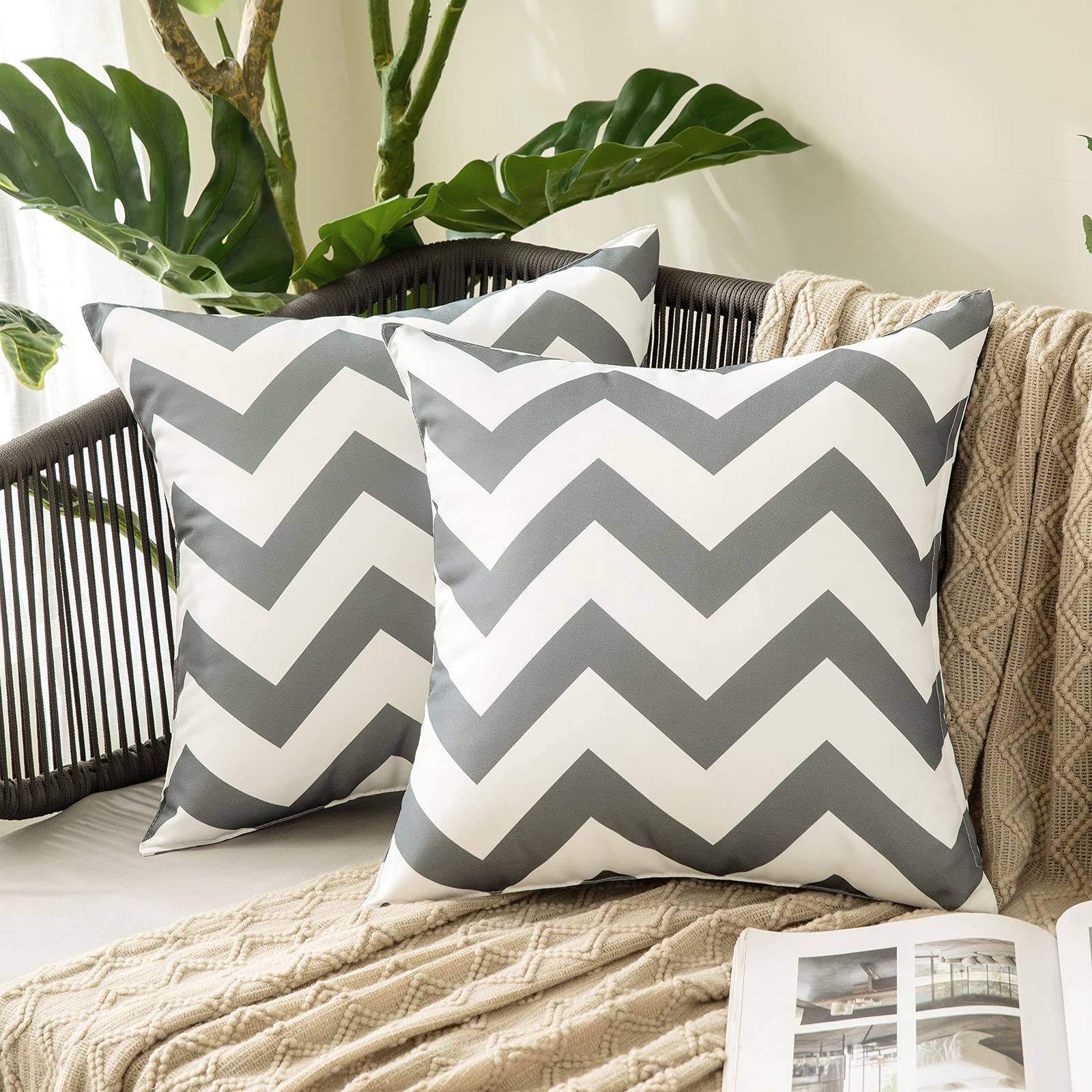 MIULEE Pack of 2 Outdoor Waterproof Cushion Cover with Wave patterns Throw Pillow Case Home Decorating Protectors for Tent Park Bed Sofa Chair Bedroom Decorative 45x45cm 18x18inch Dark Grey