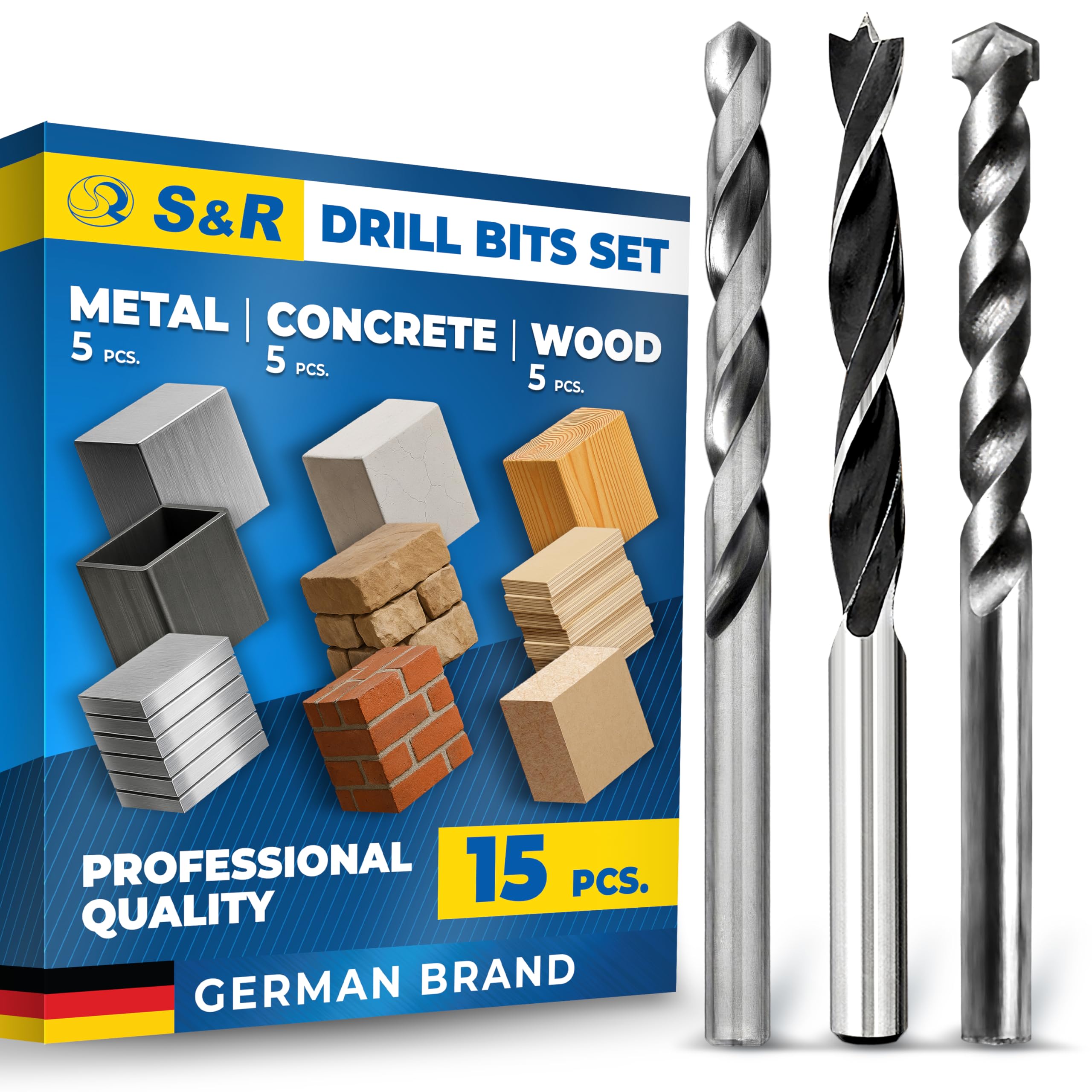 S&R 15-Piece Drill Bit Set – Wood, Metal, Concrete | 5 Each for Wood, HSS Metal & Carbide-Tipped Masonry | Plastic Storage Box
