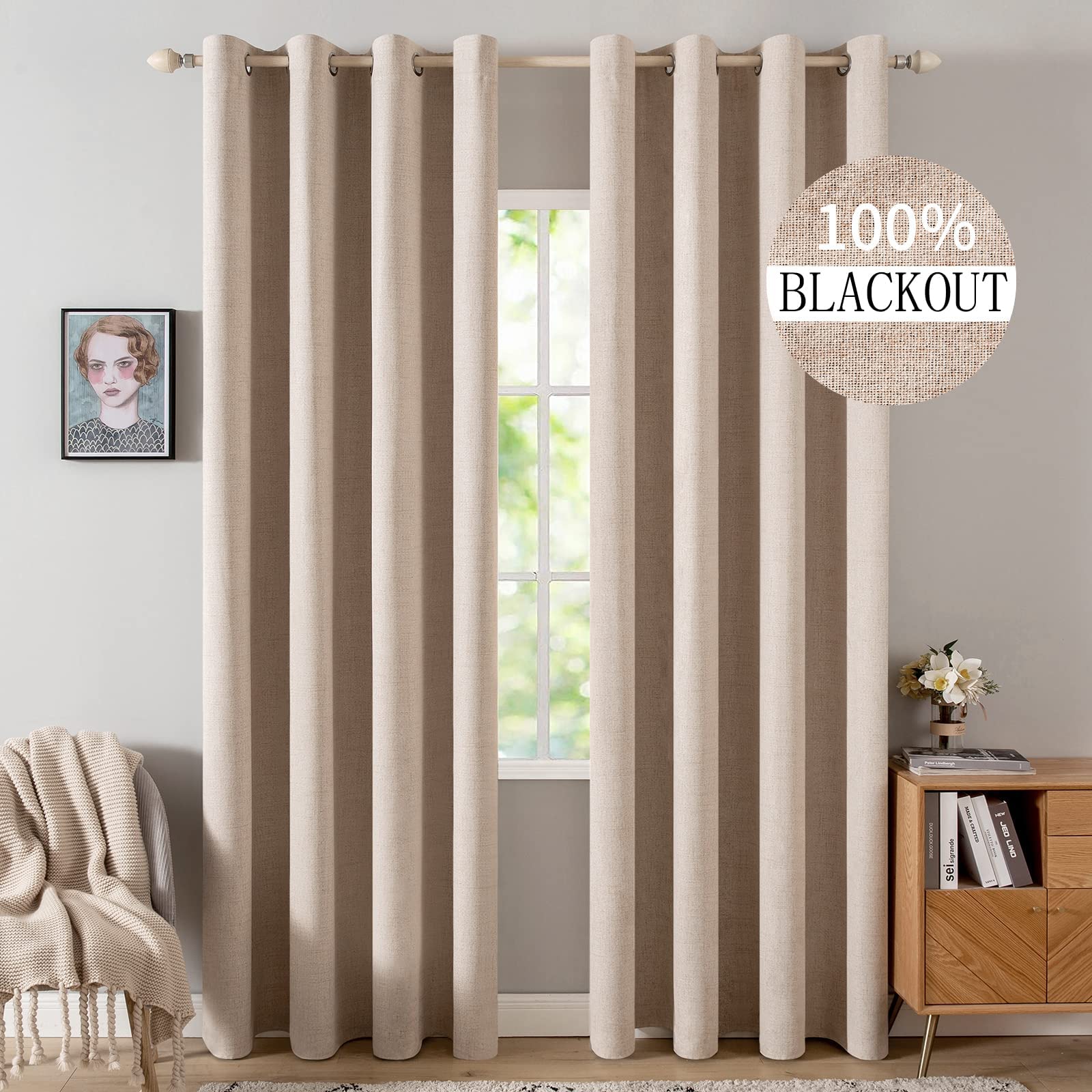 MIULEE Blackout Curtains Thermal Insulating Curtains with Eyelets 100% Opaque Linen Look Curtains Living Room Cold Protection Blackout Curtain Set of 2, 46" Wx90 L Beige