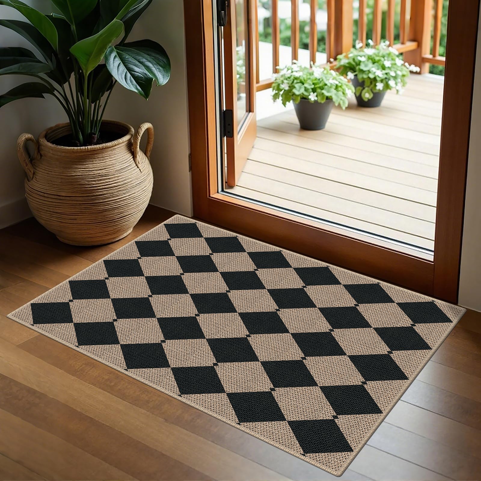 Photo 1 of GKQOOKQ Easy Jute 2x3 Black Checkered Area Rug,Washable Entryway Rug,Small Modern Diamond Door Carpet,Neutral Non-Slip Outdoor Indoor Farmhouse Rug for Kitchen Patio Entry Porch