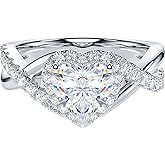 THELANDA Genuine Moissanite or Simulated 1CT Heart Shape Diamond Sterling Silver Crossover Infinity Split Shank Halo Promise Engagement Ring