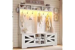 Itaar Hall Tree with Bench and Shoe Storage, 5-in-1 Entryway Bench with Coat Rack, 16 Shoe Cubbies & 12 Coat Hooks, Barn Door & Adjustable Shelf (Embossed White)